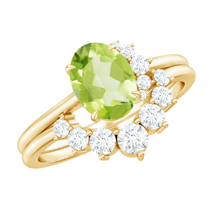 Oval peridot engagement ring with diamond wedding band from Rosec Jewels, featuring a 1-carat green gemstone and sparkling accents.