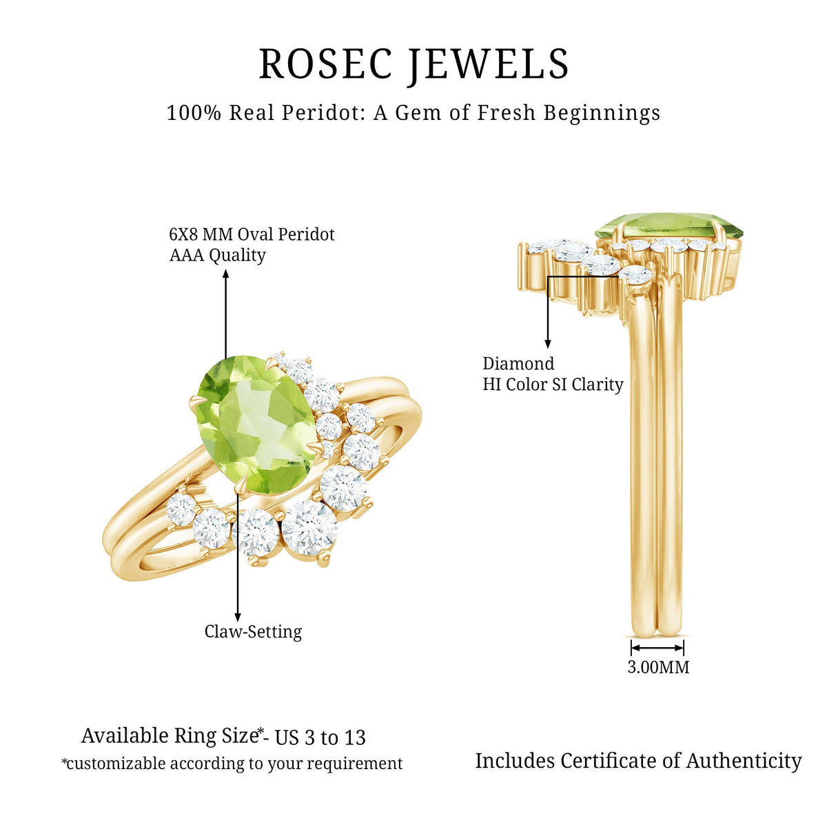 Oval 1 carat peridot engagement ring with diamond wedding band by Rosec Jewels, showcasing the green gemstone and sparkling accents.