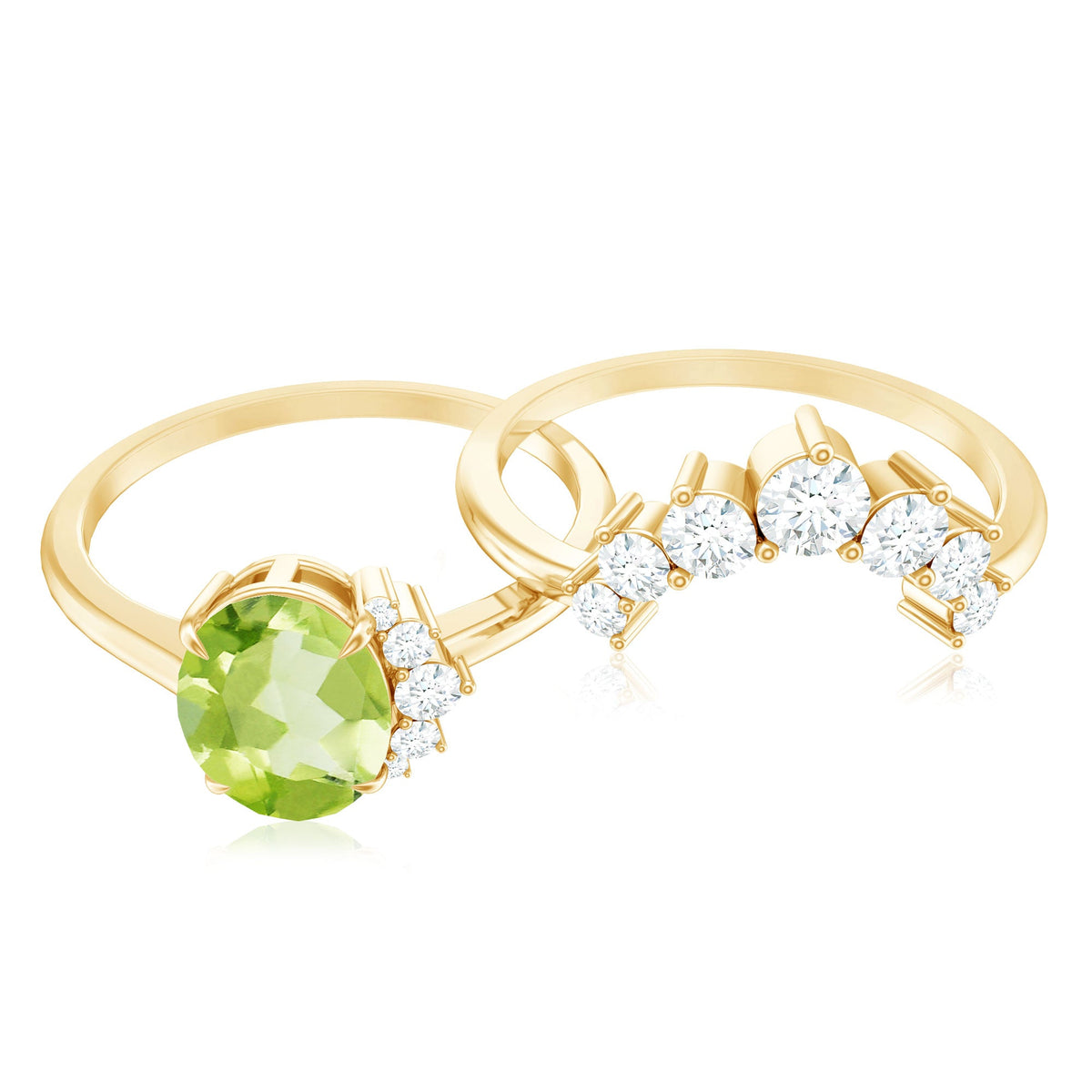 Real 1 Carat Oval Peridot engagement ring with diamond wedding band, featuring a green peridot gemstone and sparkling diamonds.