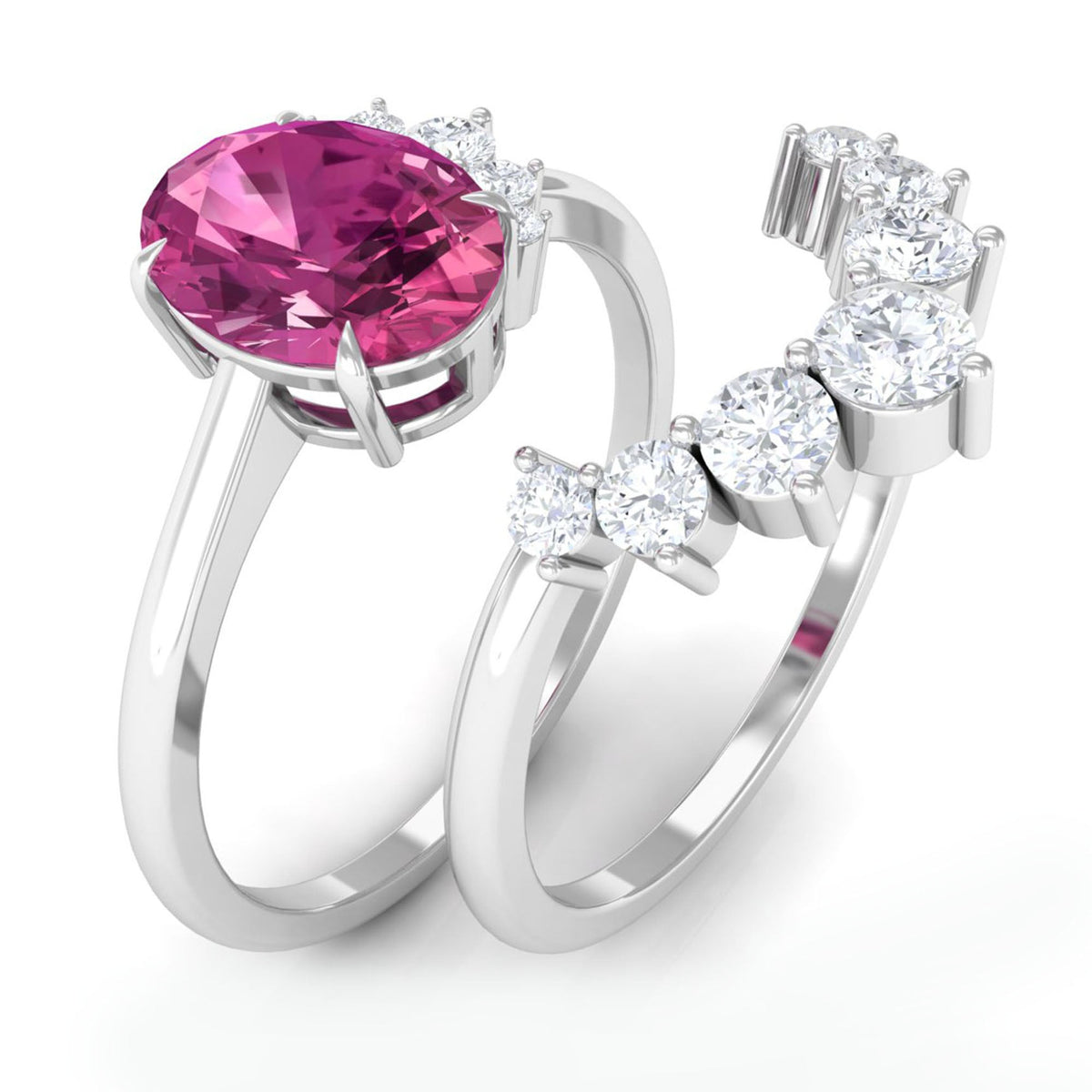 Oval pink tourmaline and diamond wedding ring set by Rosec Jewels, featuring two elegant matching rings with sparkling stones.