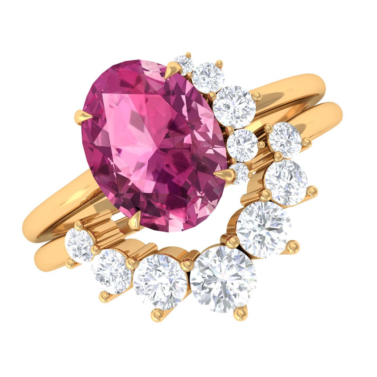 Oval pink tourmaline and diamond wedding ring set by Rosec Jewels, featuring a 1-carat center stone and intricate band details.