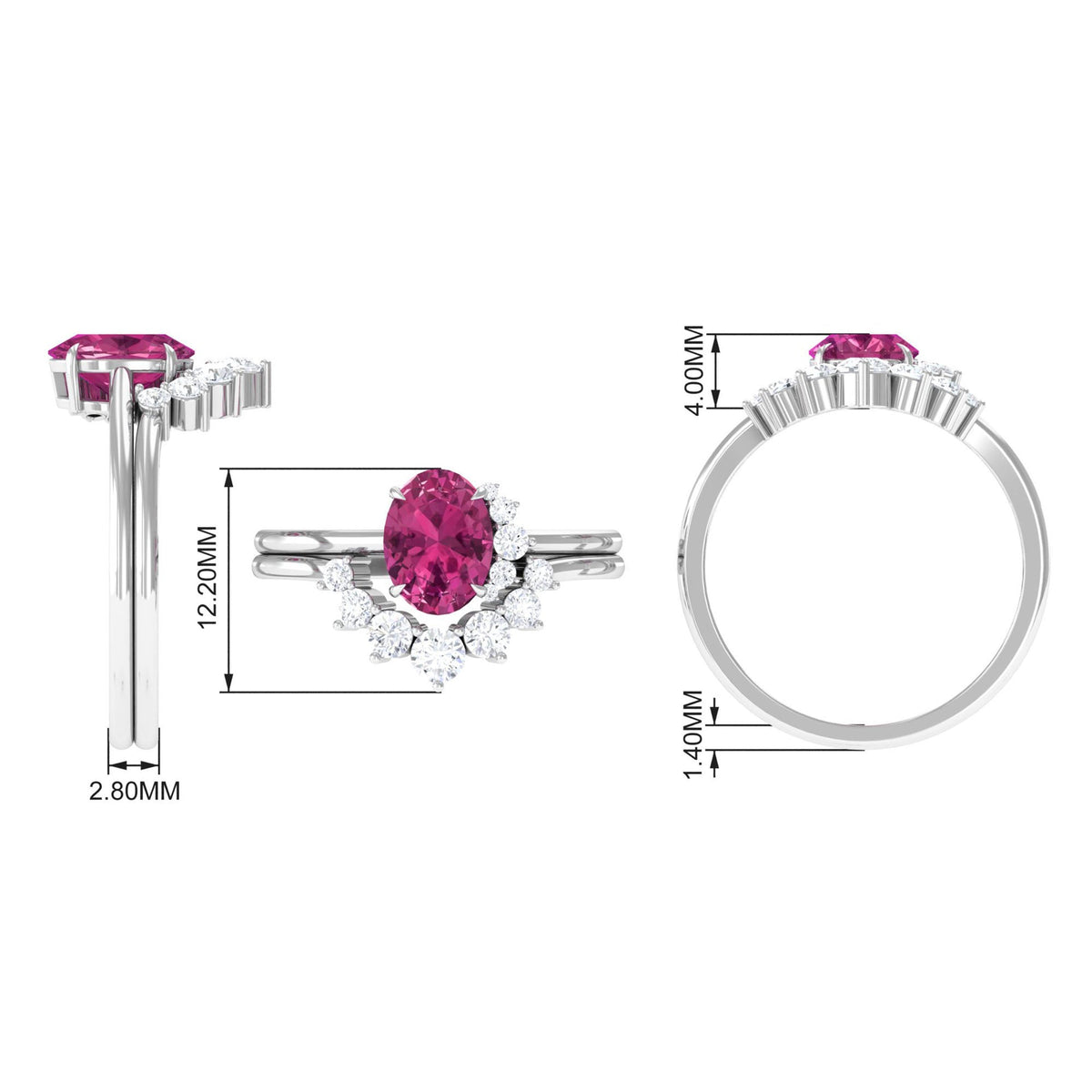 Oval pink tourmaline and diamond wedding ring set from Rosec Jewels, featuring a 1-carat center stone and intricate band details.