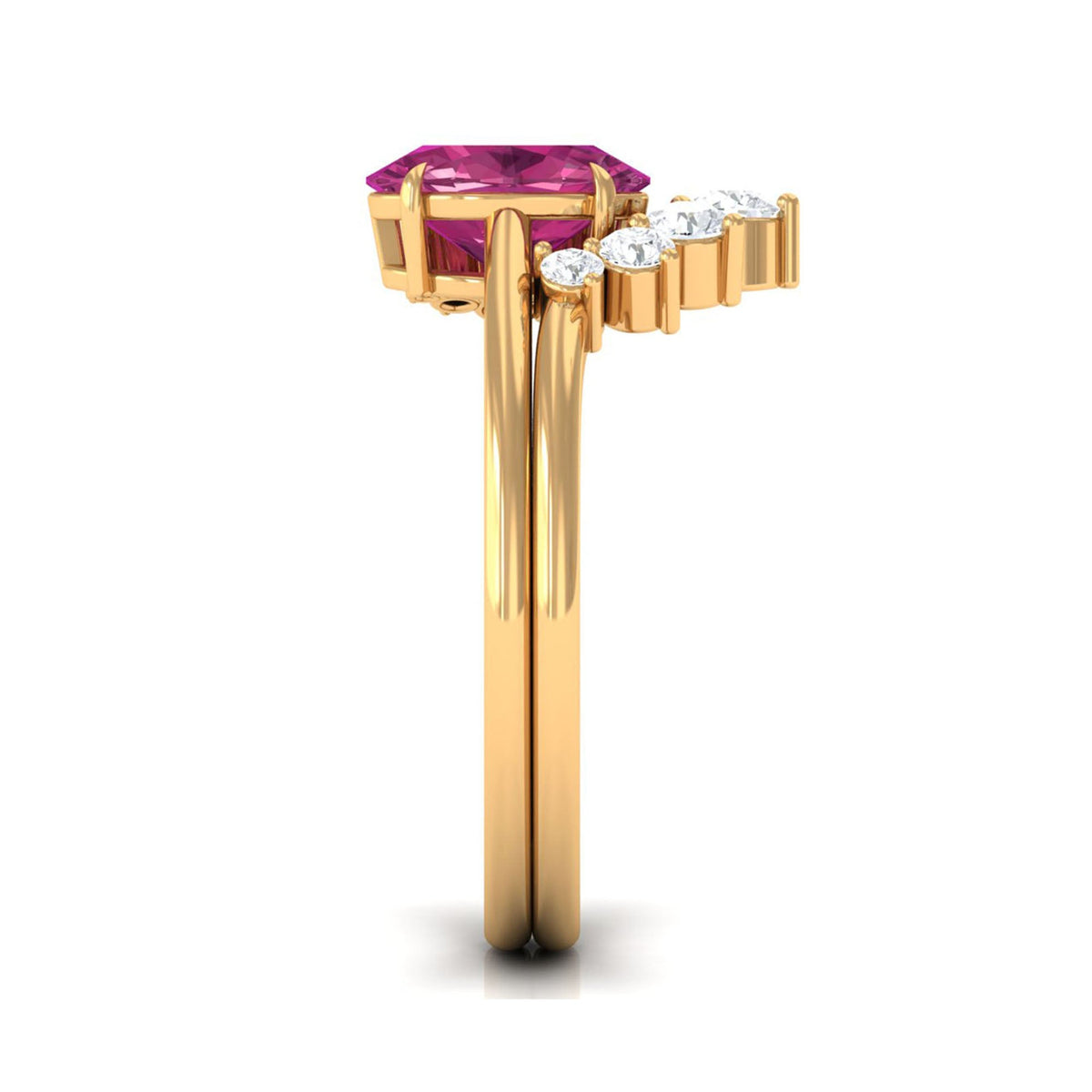 Oval pink tourmaline and diamond wedding ring set with rose gold bands, featuring a 1-carat center stone and intricate detailing.