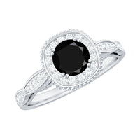5mm Round Shape Black Onyx Vintage Engagement Ring with Diamond Halo