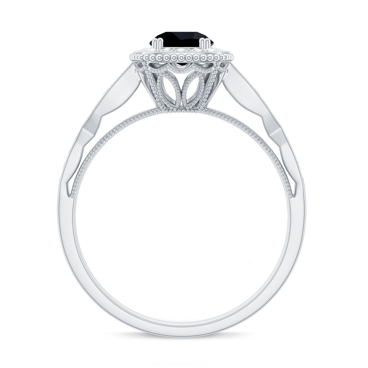 5mm Round Shape Black Onyx Vintage Engagement Ring with Diamond Halo