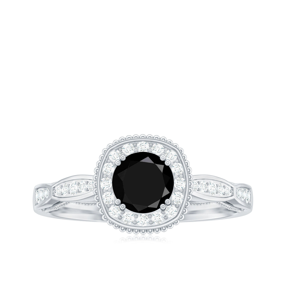 5mm Round Shape Black Onyx Vintage Engagement Ring with Diamond Halo