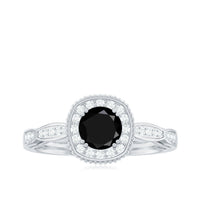 5mm Round Shape Black Onyx Vintage Engagement Ring with Diamond Halo