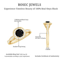 5mm Round Shape Black Onyx Vintage Engagement Ring with Diamond Halo