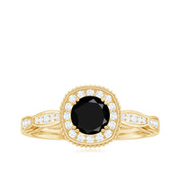 5mm Round Shape Black Onyx Vintage Engagement Ring with Diamond Halo