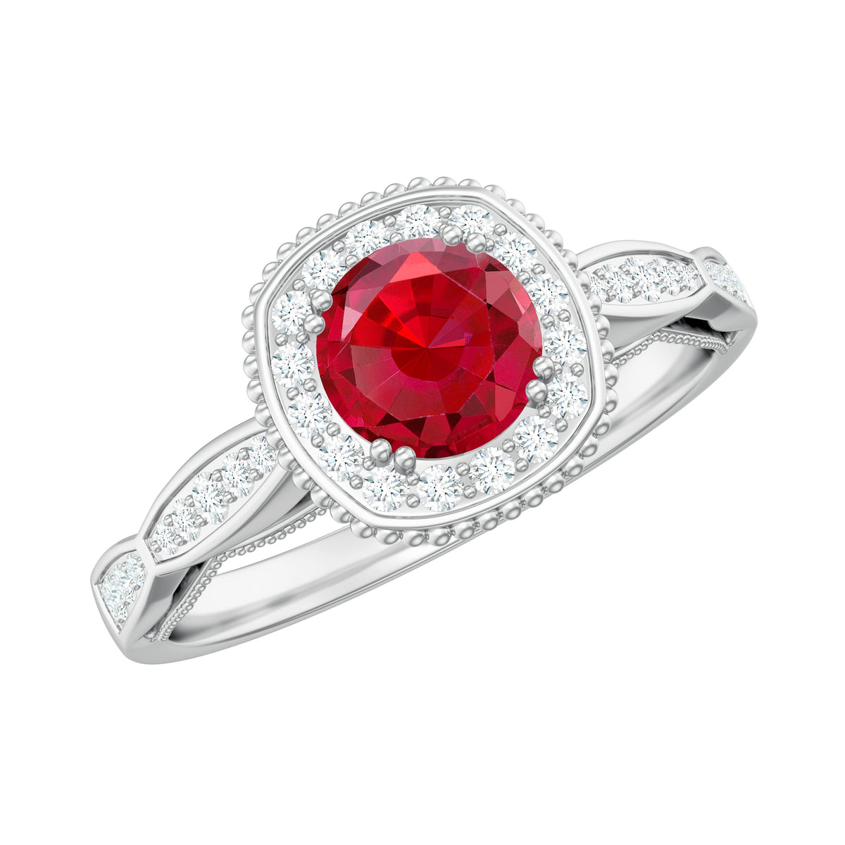 Vintage Inspired Round Created Ruby Engagement Ring with Diamond Halo