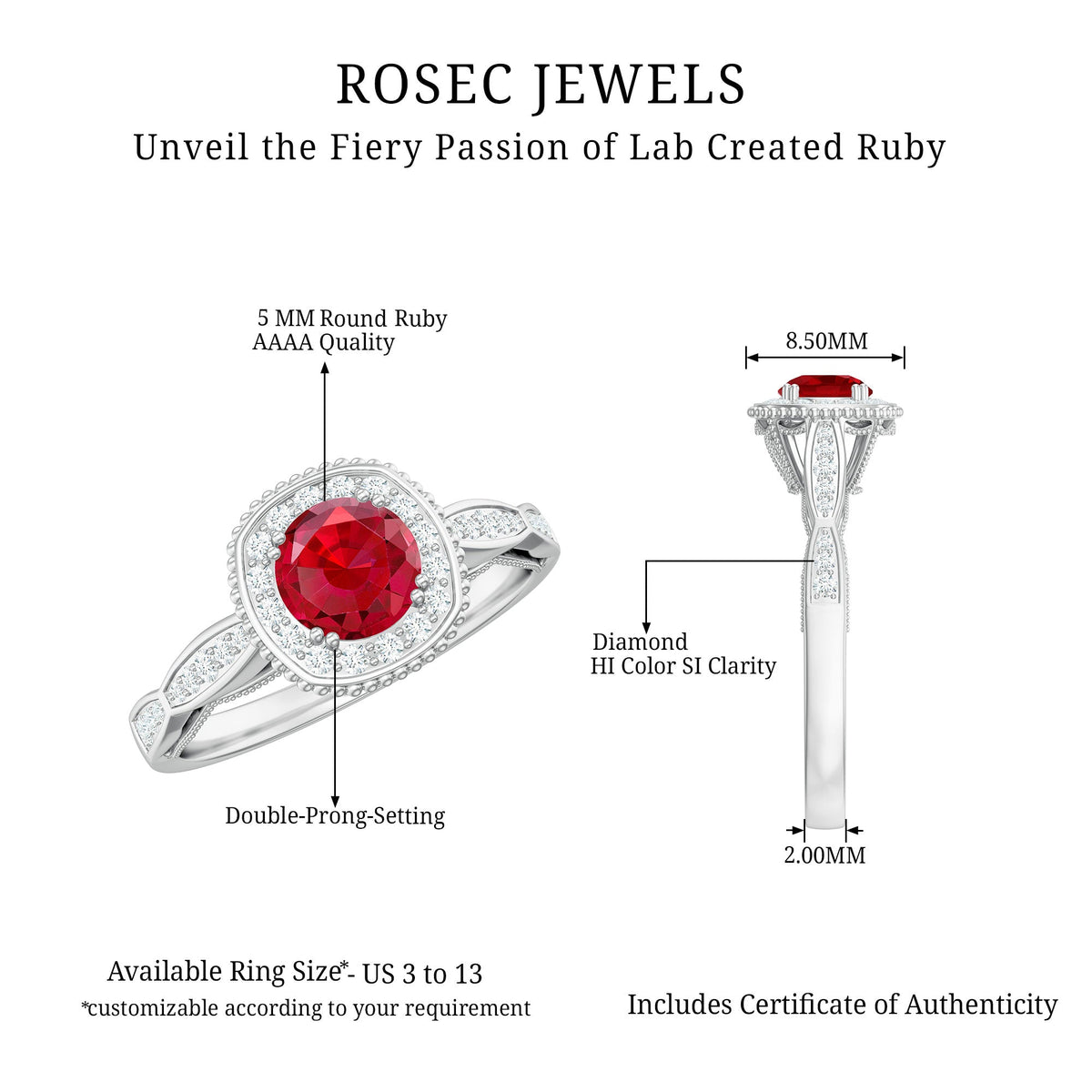 Vintage Inspired Round Created Ruby Engagement Ring with Diamond Halo