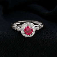 Vintage Inspired Round Created Ruby Engagement Ring with Diamond Halo
