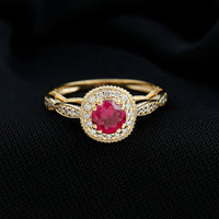 Vintage Inspired Round Created Ruby Engagement Ring with Diamond Halo