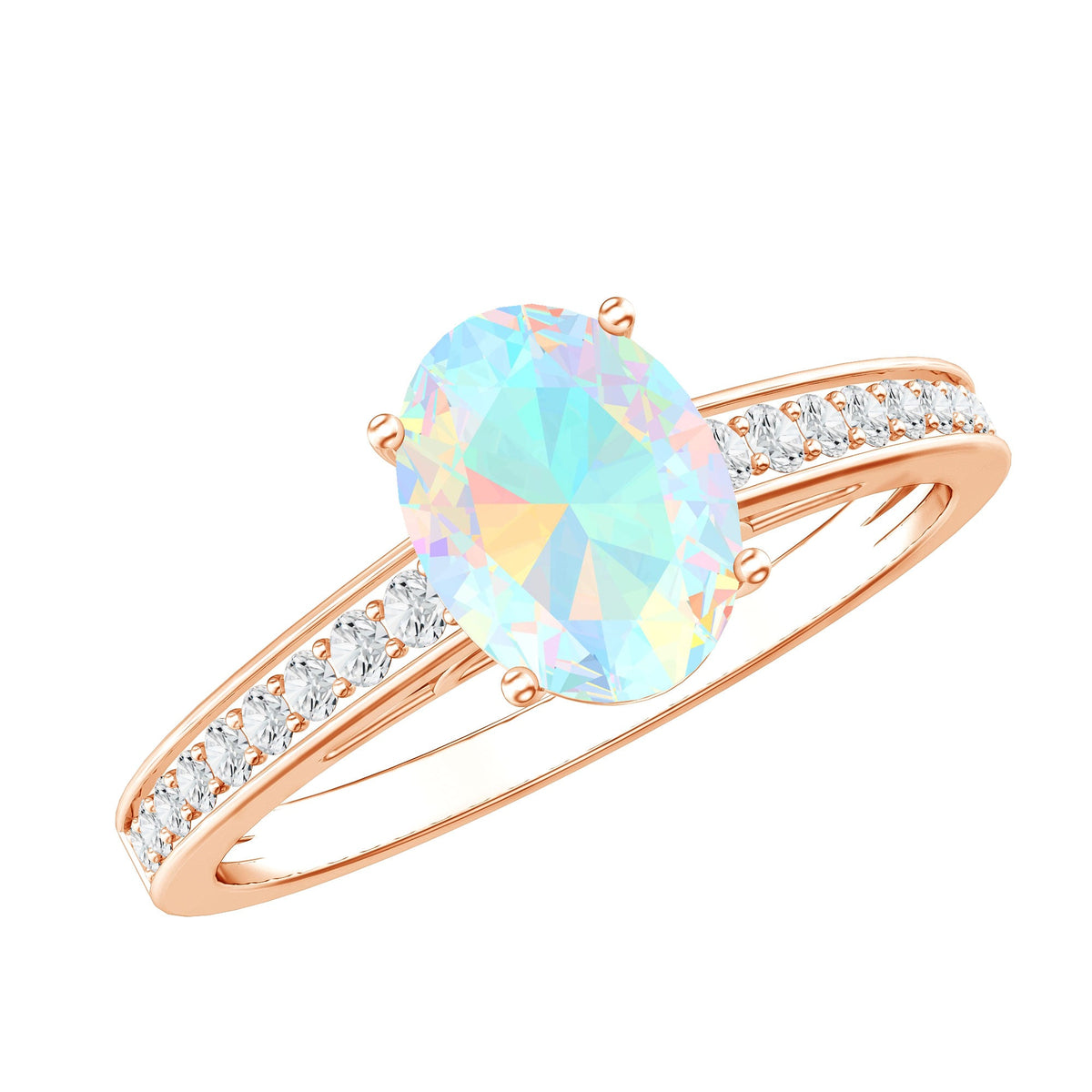 Oval Ethiopian opal engagement ring with diamond side stones, showcasing a natural 1.2 carat gemstone and elegant design.