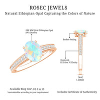 Oval Ethiopian opal engagement ring with diamond side stones by Rosec Jewels, showcasing a 1.2 carat natural gemstone setting.