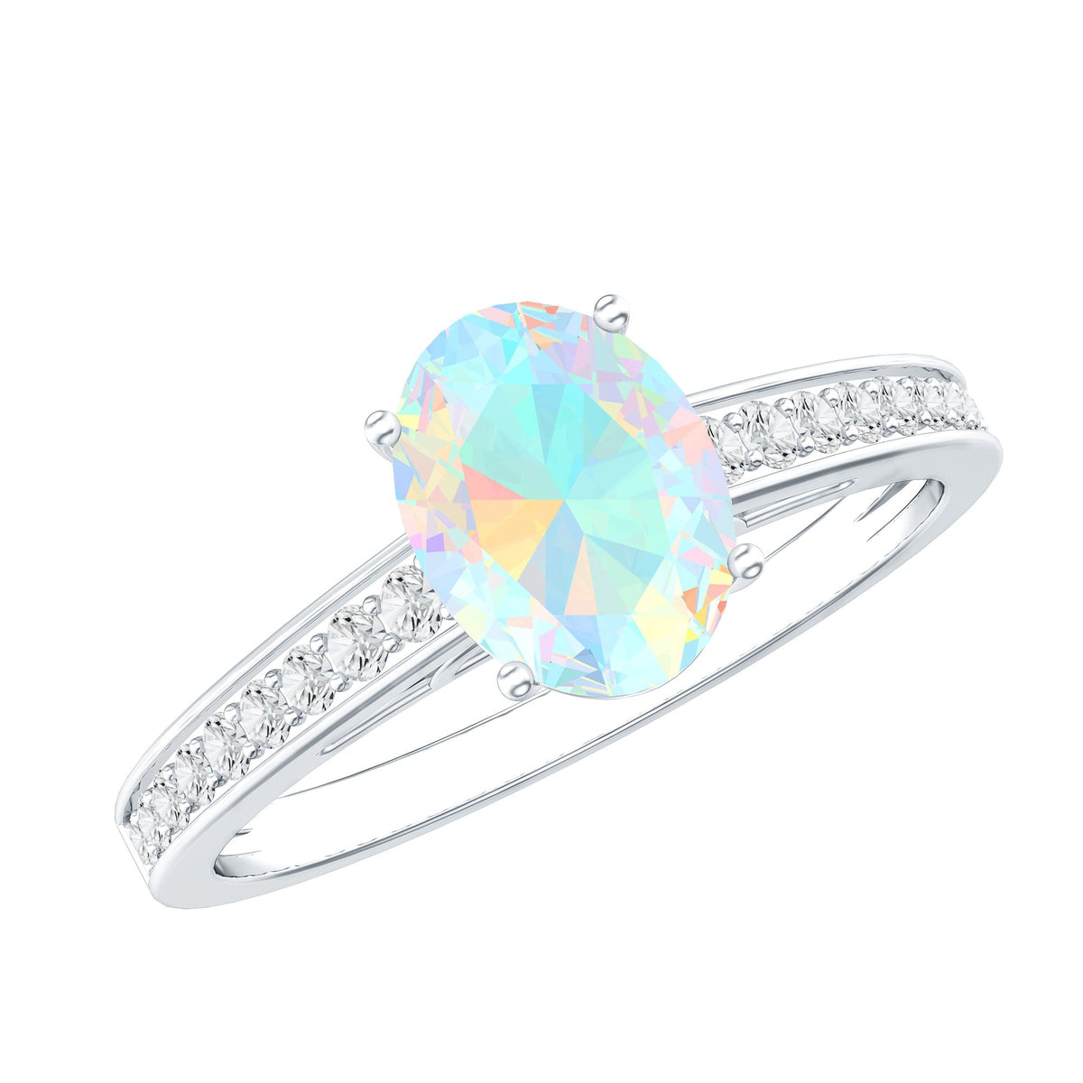 Natural 1.2 carat Ethiopian opal oval engagement ring with diamond side stones, featuring a rose gold band and intricate detailing.