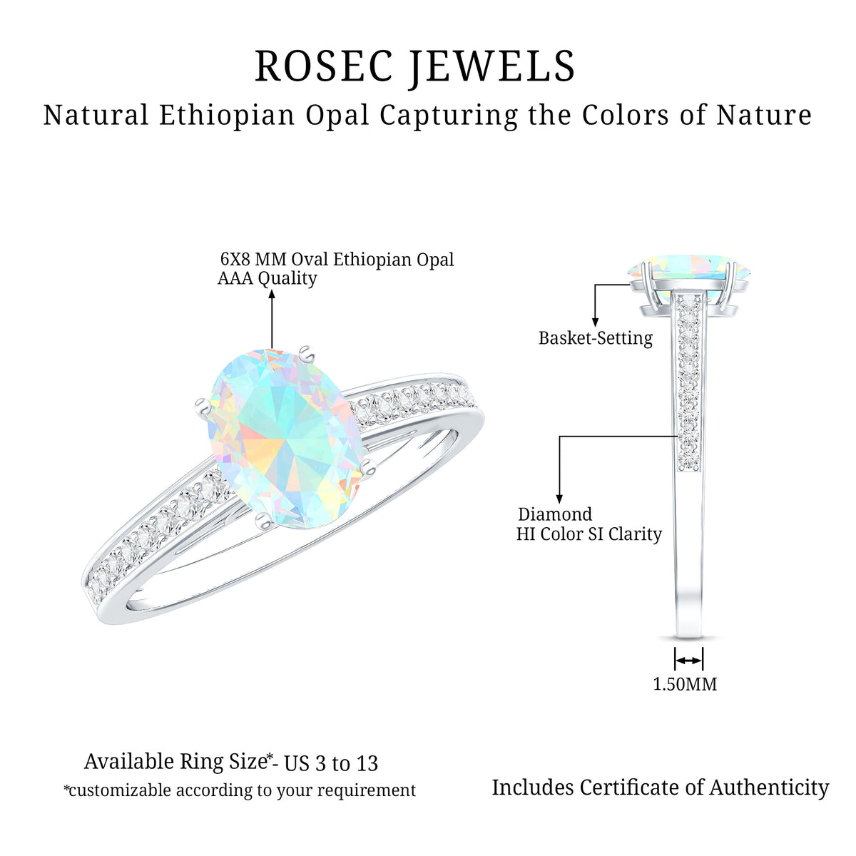 Natural 1.2 carat Ethiopian opal oval engagement ring with diamond side stones from Rosec Jewels.
