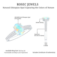 Natural 1.2 carat Ethiopian opal oval engagement ring with diamond side stones from Rosec Jewels.