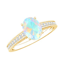 Natural 1.2 carat Ethiopian opal oval engagement ring with diamond side stones, showcasing a stunning gemstone and elegant design.