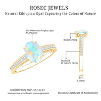 Oval Ethiopian opal engagement ring with diamond side stones, showcasing a natural 1.2 carat gemstone in a rose gold setting.