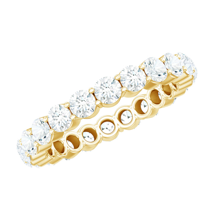 Certified round Moissanite eternity wedding band ring by Rosec Jewels featuring sparkling moissanite stones in a continuous circle.