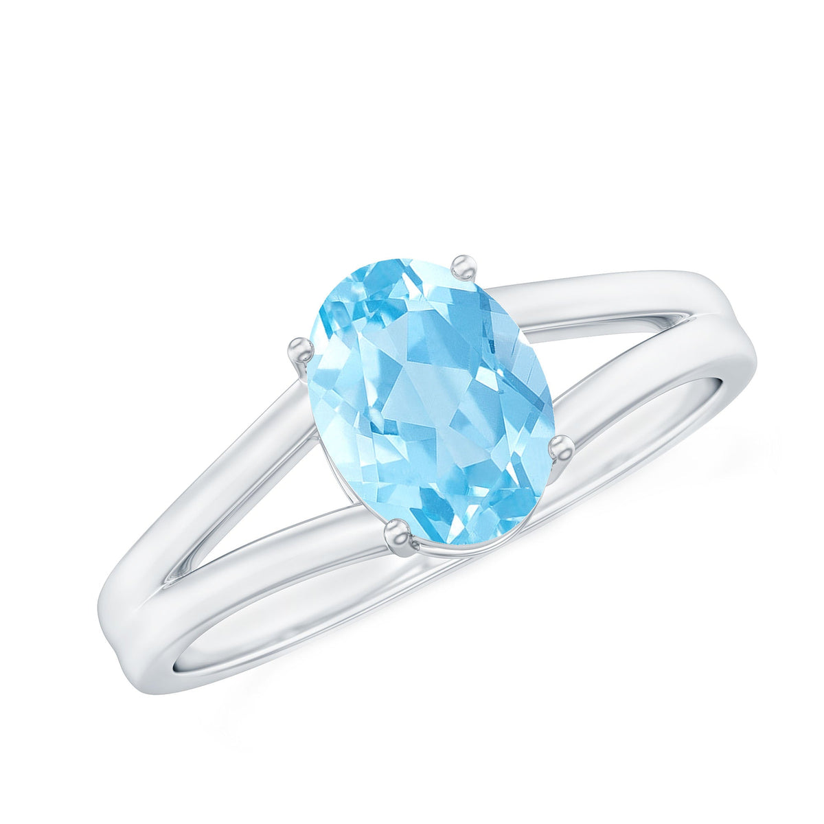 Genuine oval aquamarine solitaire engagement ring with split shank design by Rosec Jewels, showcasing the elegant blue gemstone and intricate band.