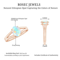 Oval Ethiopian rainbow opal engagement ring with split shank design, genuine 1.2 carats, by Rosec Jewels.