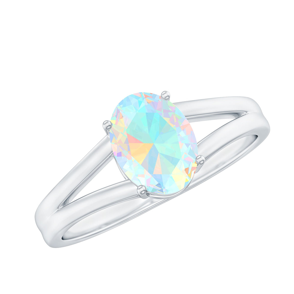Oval Ethiopian Rainbow Opal engagement ring with split shank setting, featuring a 1.2-carat genuine gemstone by Rosec Jewels.