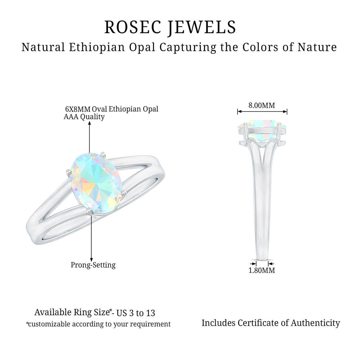 Oval Ethiopian rainbow opal engagement ring with split shank setting by Rosec Jewels, showcasing vibrant colorful gemstone and elegant design.