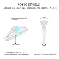 Oval Ethiopian rainbow opal engagement ring with split shank setting by Rosec Jewels, showcasing vibrant colorful gemstone and elegant design.