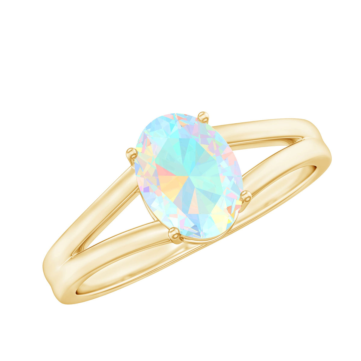Oval Ethiopian rainbow opal engagement ring with split shank, featuring a 1.2 carat genuine gemstone by Rosec Jewels.