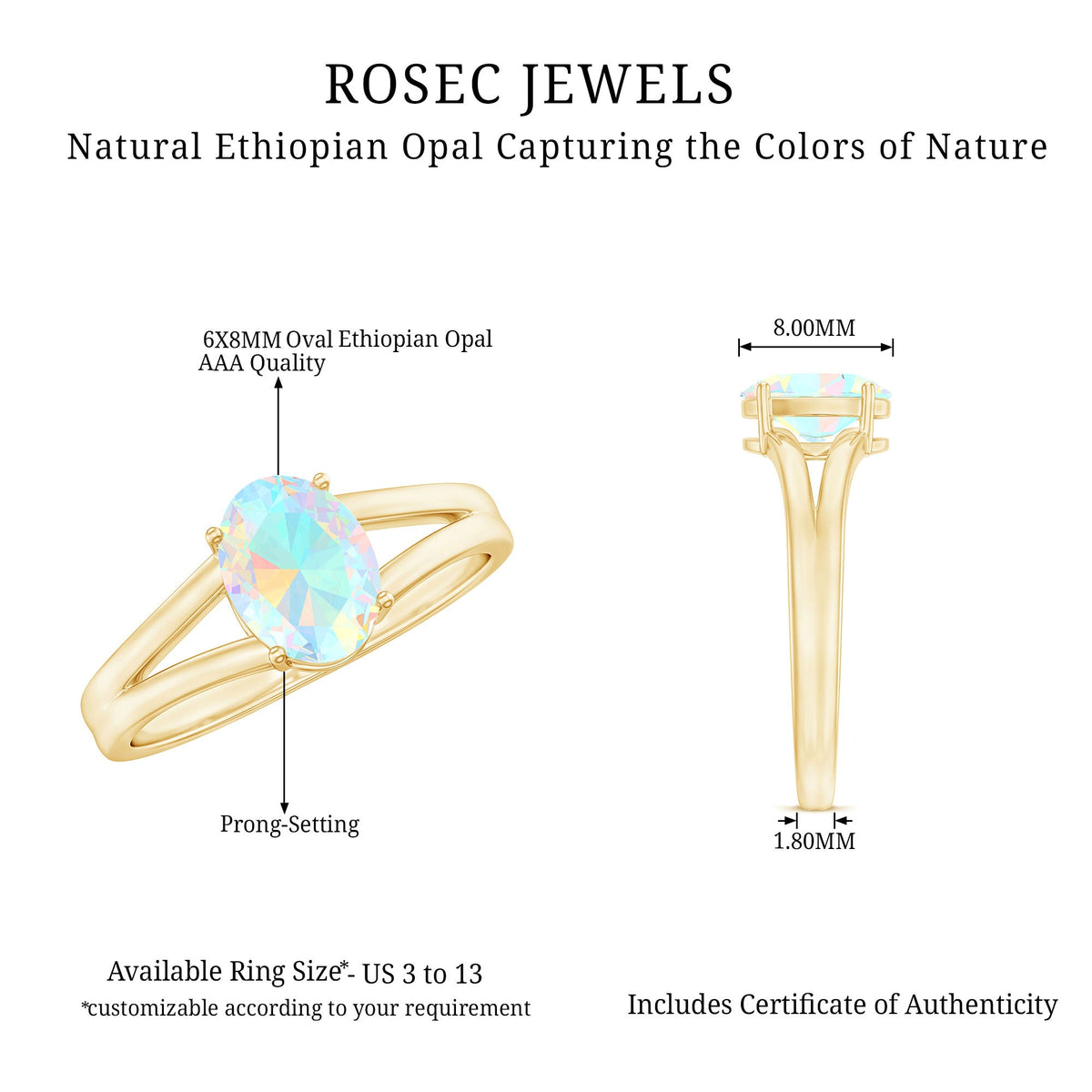 Oval Ethiopian rainbow opal engagement ring with split shank setting by Rosec Jewels, showcasing vibrant colors and elegant design.