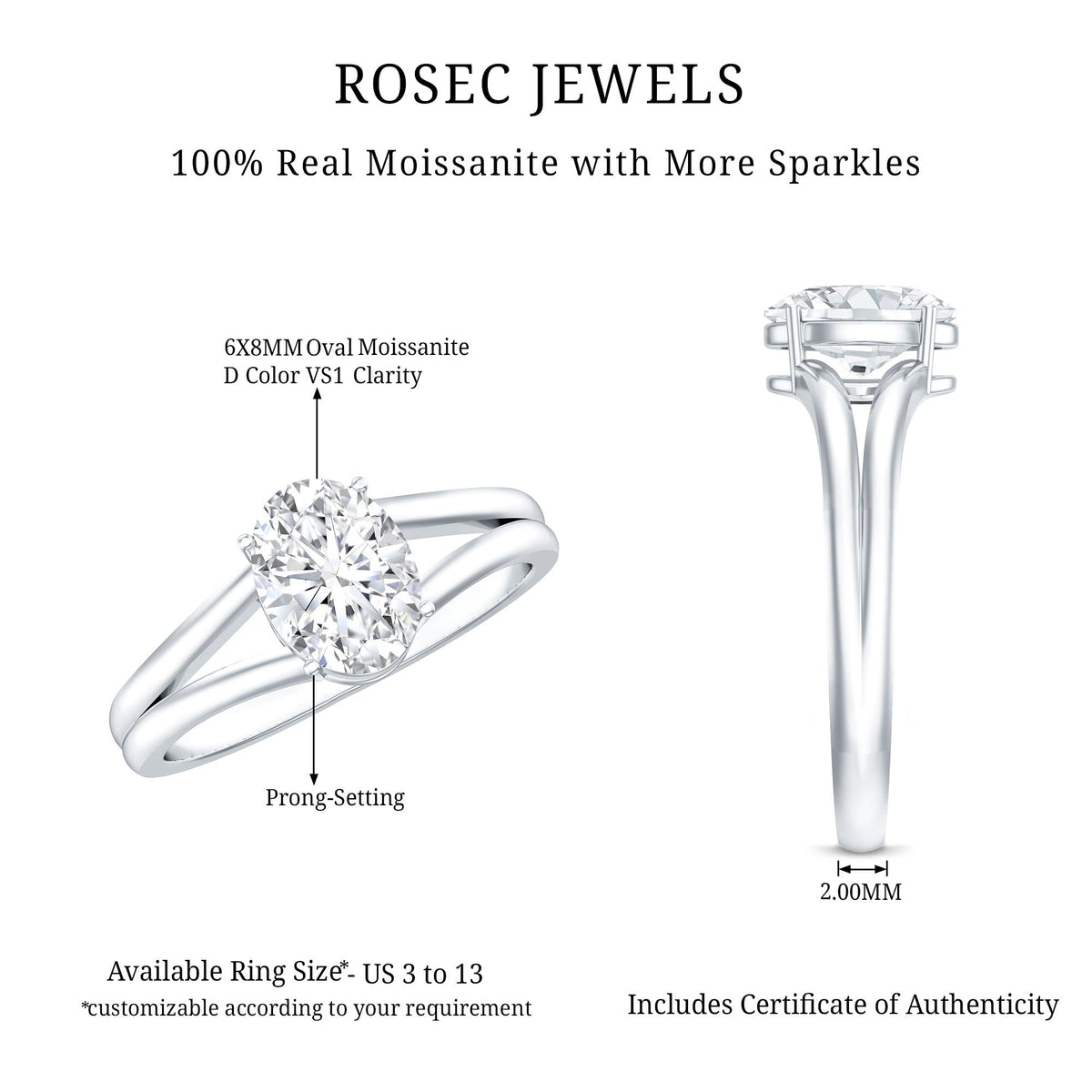 Oval moissanite engagement ring with a 1-carat stone from Rosec Jewels, featuring a detailed band and a certification tag.