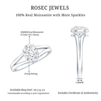 Oval moissanite engagement ring with a 1-carat stone from Rosec Jewels, featuring a detailed band and a certification tag.