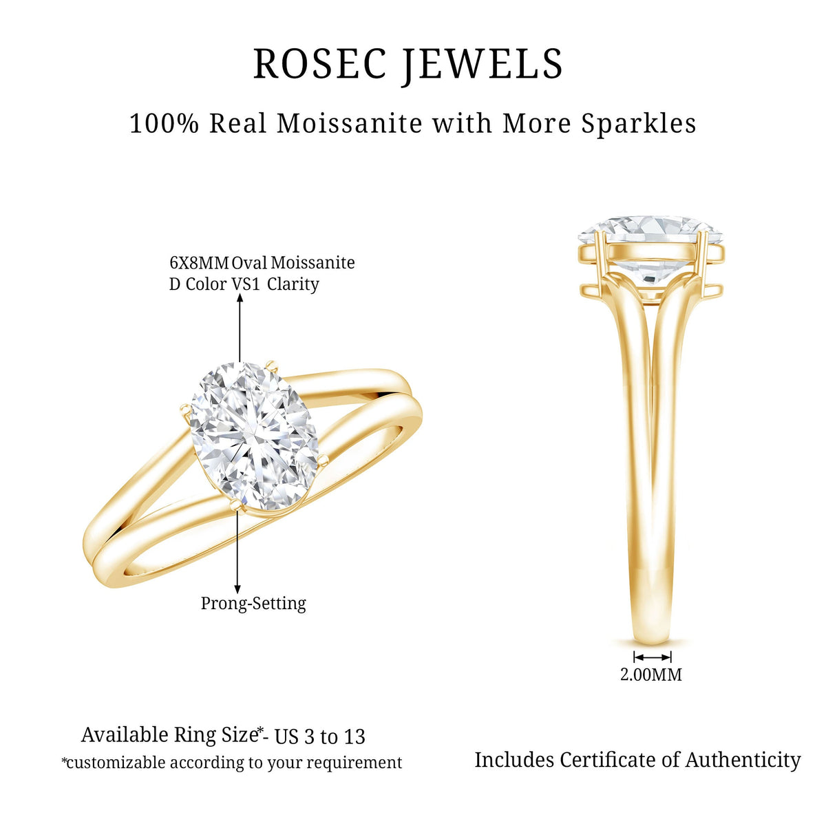 Oval 1 Carat Moissanite engagement ring by Rosec Jewels featuring a sparkling center stone and a sleek band.