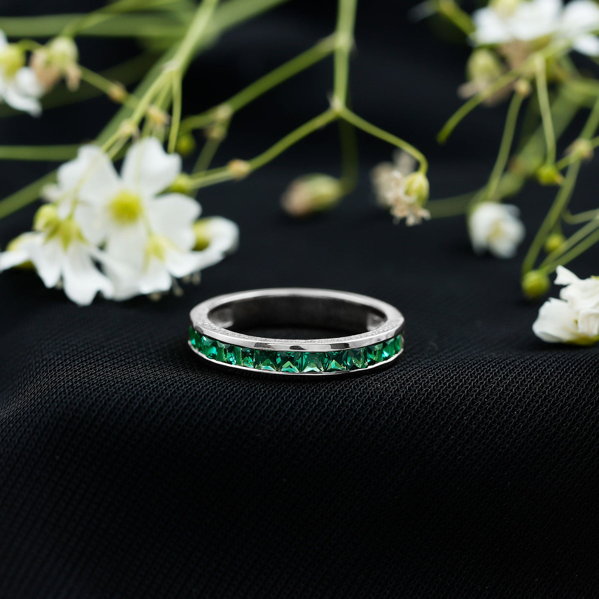 Certified Princess Cut Lab Grown Emerald Eternity Ring