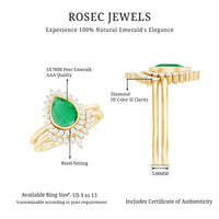 Natural Emerald Diamond Pear Shape Engagement Ring and Wedding Band Set