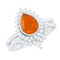 Real 0.6 Carat Fire Opal Teardrop Wedding Ring Set with Diamond Halo