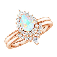 Genuine Pear Shape Rainbow Opal Vintage Inspired Engagement Ring with Enhancer