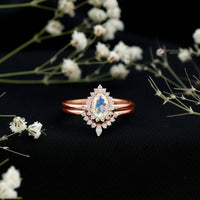 Genuine Pear Shape Rainbow Opal Vintage Inspired Engagement Ring with Enhancer