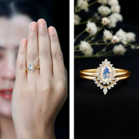Genuine Pear Shape Rainbow Opal Vintage Inspired Engagement Ring with Enhancer