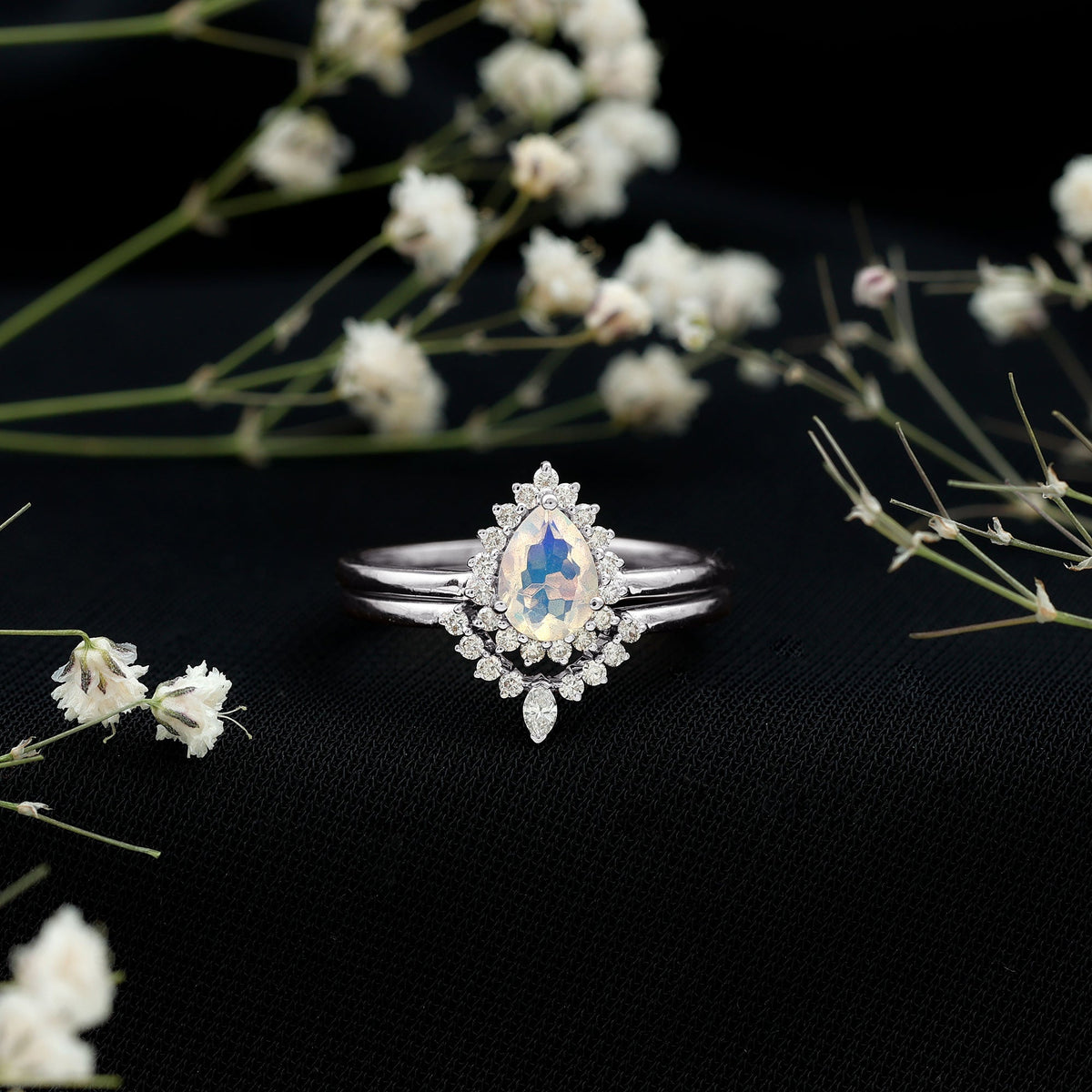 Genuine Pear Shape Rainbow Opal Vintage Inspired Engagement Ring with Enhancer