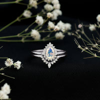 Genuine Pear Shape Rainbow Opal Vintage Inspired Engagement Ring with Enhancer