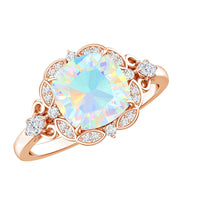 Real Cushion Cut Ethiopian Opal Antique Looking Engagement Ring with Diamond