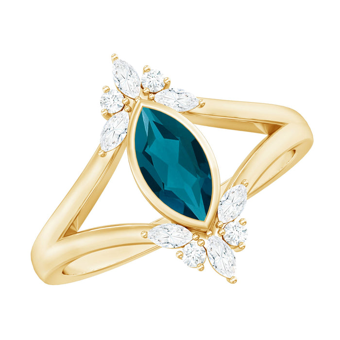 Marquise cut London Blue Topaz cocktail ring with diamonds by Rosec Jewels, showcasing a stunning 0.7 carat gemstone and elegant design.