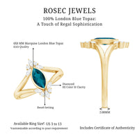 0.7 Carat Marquise Cut London Blue Topaz Cocktail Ring with Diamond