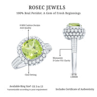 Antique Style 2 Carat Cushion Cut Peridot Engagement Ring with Moissanite Halo