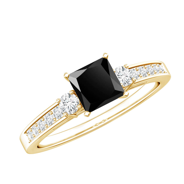 Certified 1 Carat lab-grown black and white diamond princess cut engagement ring from Rosec Jewels, showcasing sparkling diamonds on a sleek band.