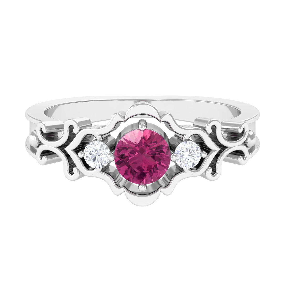 Rosec Jewels pink tourmaline and diamond cut out antique ring featuring a 0.50 CT pink tourmaline gemstone and intricate metalwork.