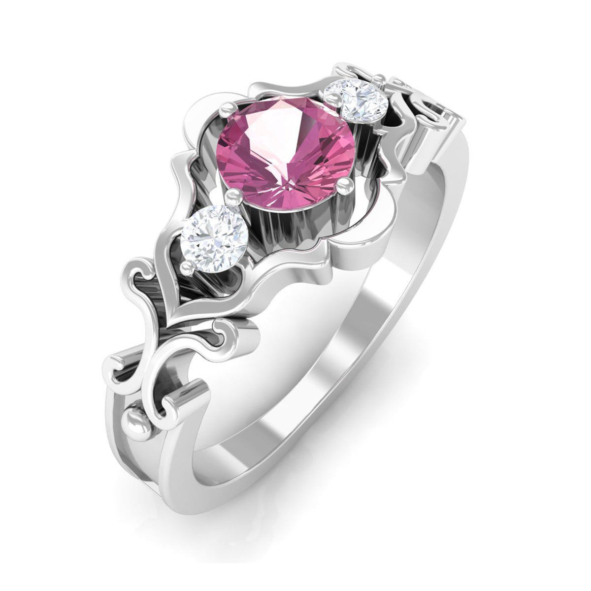 Pink tourmaline and diamond cut-out antique ring with intricate detailing, showcasing Rosec Jewels craftsmanship.